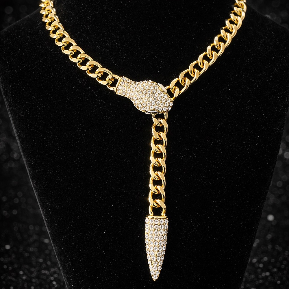 SNAKE Head python Pave Set Crystal cz Chain Curb Link statement Necklace Gold